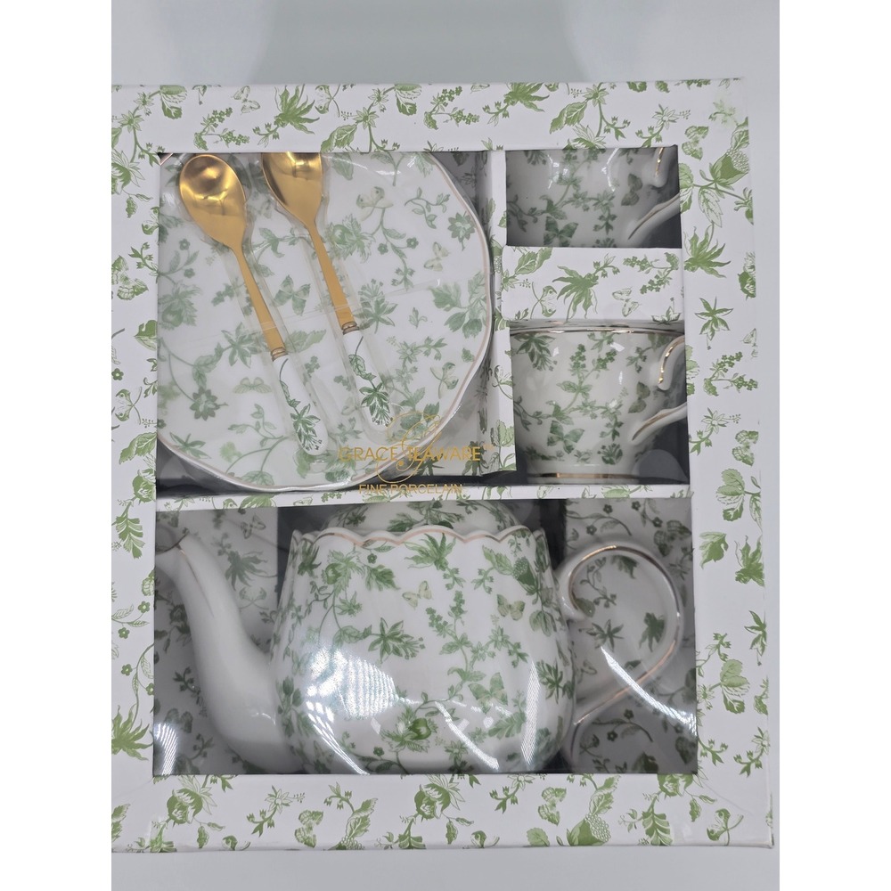 Brand New Grace Tea ware Green Floral & Butterflies TeaTime Gift Set (7-Piece)